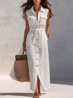 Elegant SL Button Shirt Dress Casual Simple Pocket Maxi