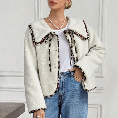 Autumn Winter Leopard Splicing Doll Collar Lace up Single