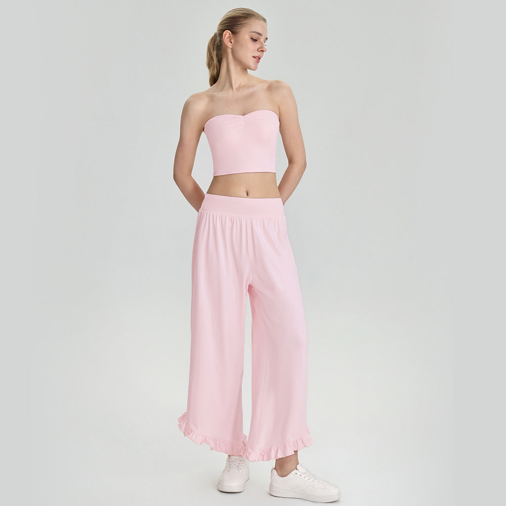 Women Summer Yoga Exercise Non Slip Chest Vest Loose Wide Leg Track Pants Casual Fitness Two Piece Set