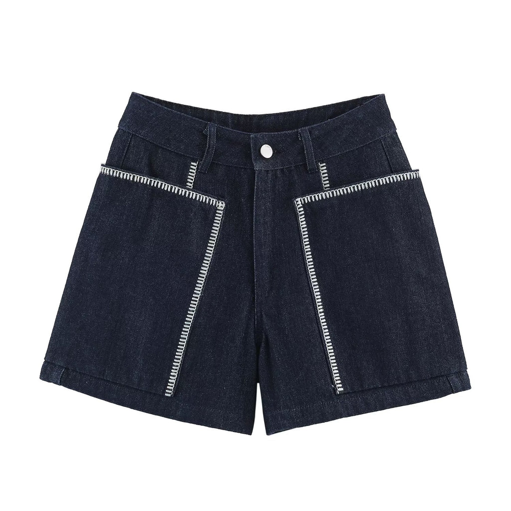 Women Clothing Summer Contrast Color Embroidered Large Pocket High Waist Loose Shorts