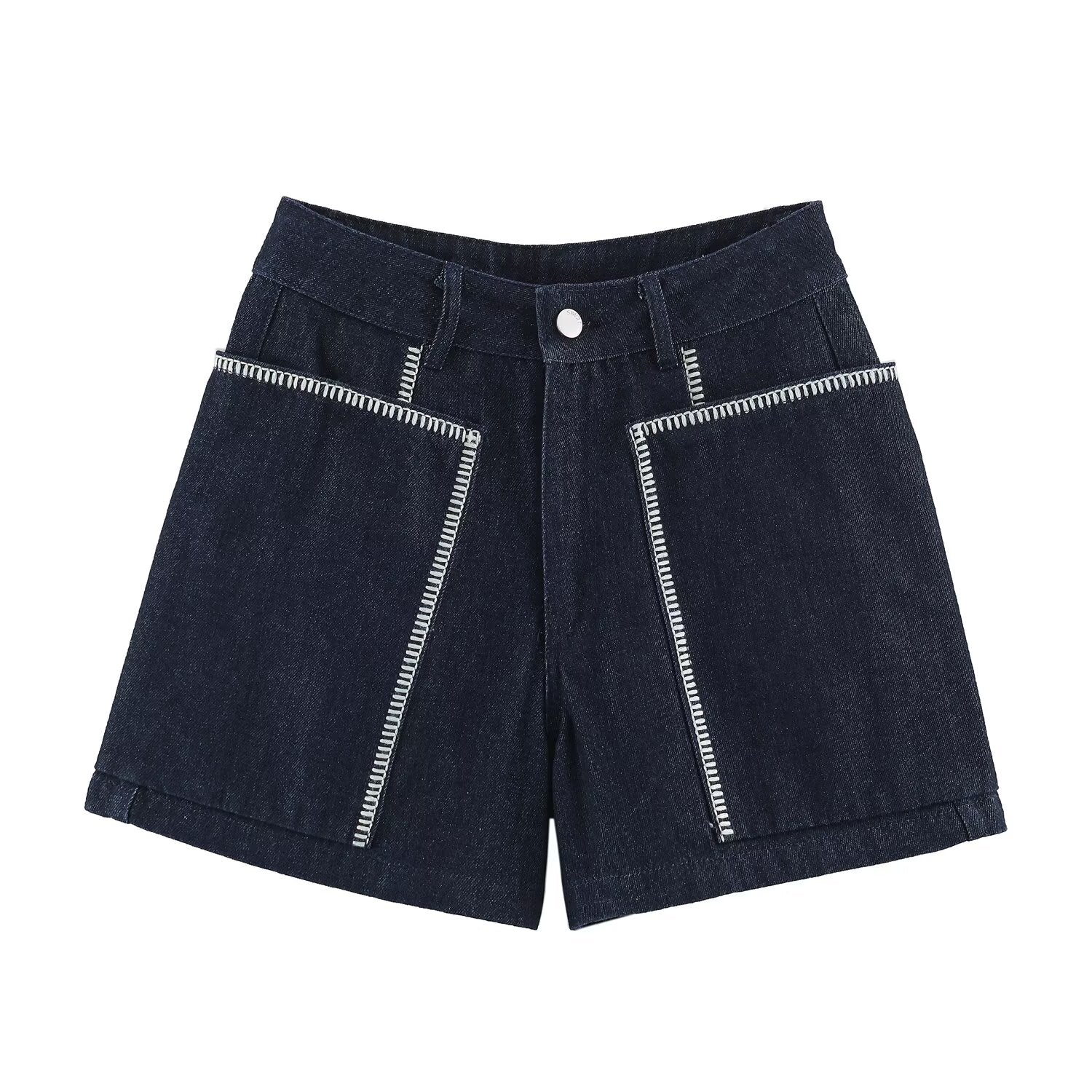 Women Clothing Summer Contrast Color Embroidered Large Pocket High Waist Loose Shorts