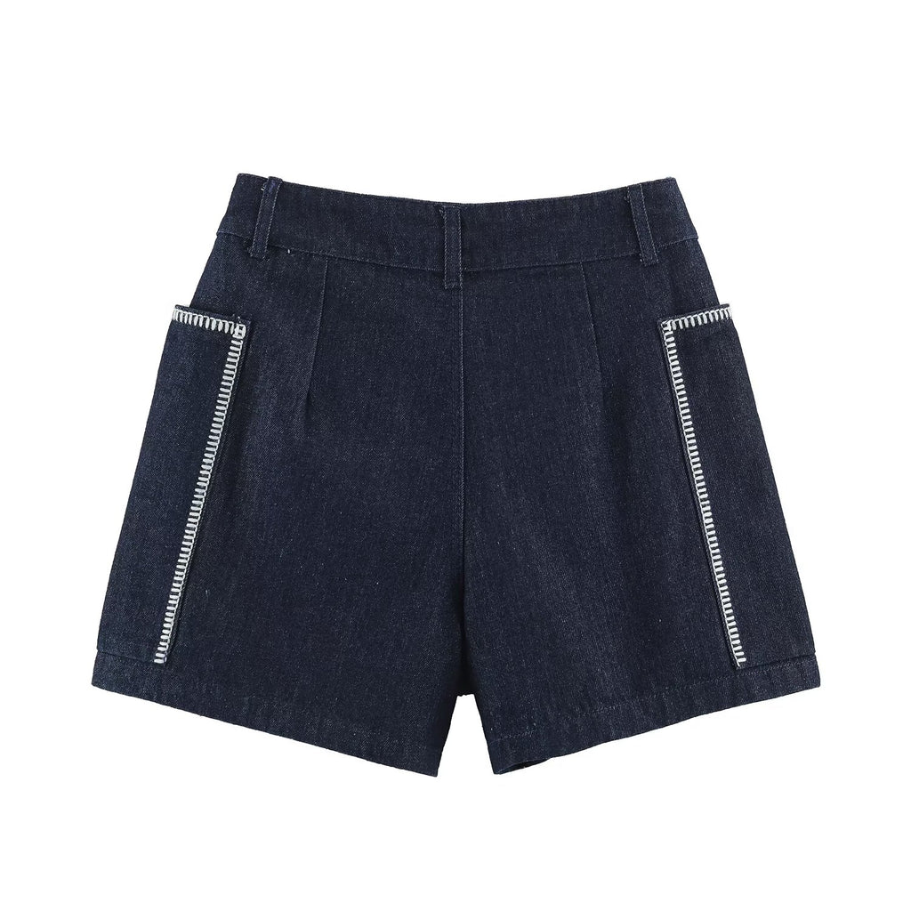 Women Clothing Summer Contrast Color Embroidered Large Pocket High Waist Loose Shorts