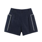 Women Clothing Summer Contrast Color Embroidered Large Pocket High Waist Loose Shorts
