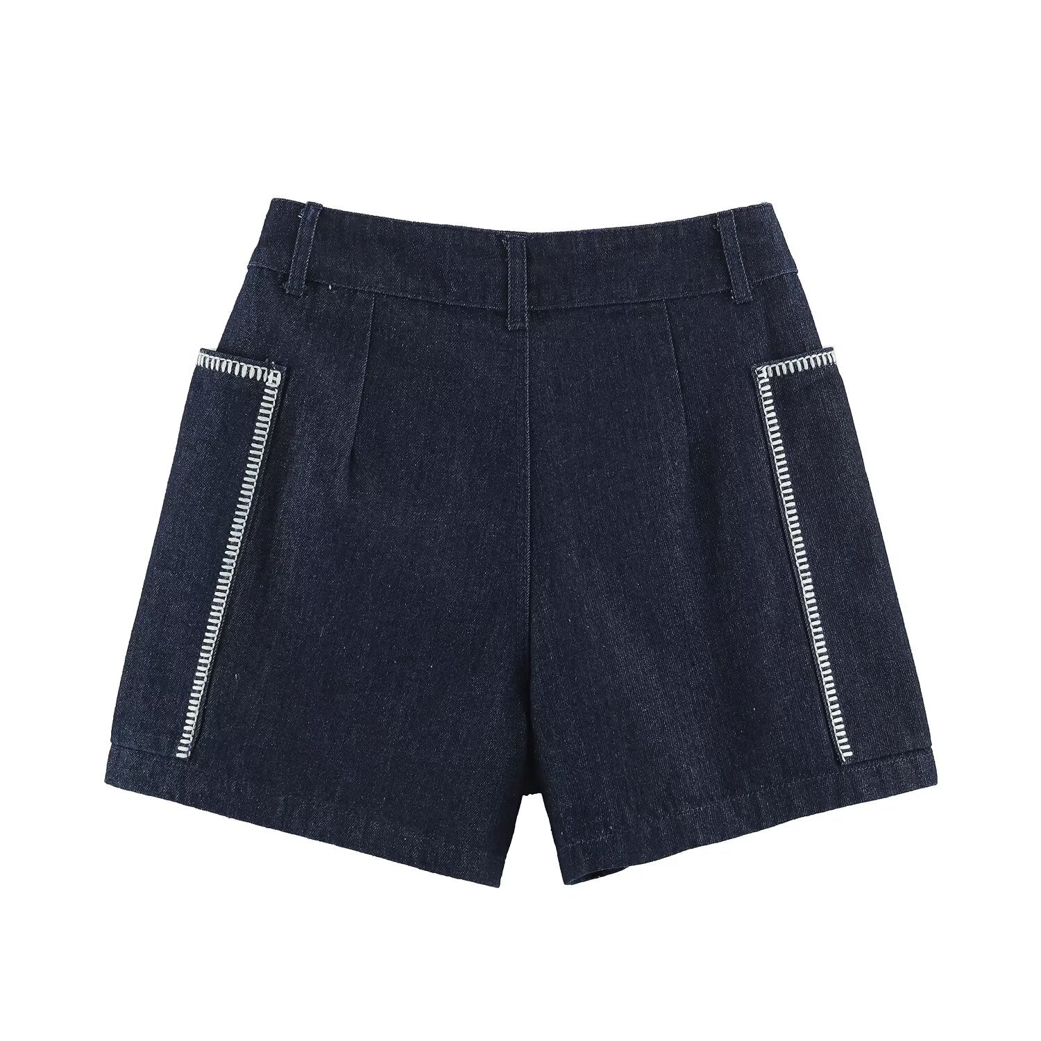 Women Clothing Summer Contrast Color Embroidered Large Pocket High Waist Loose Shorts
