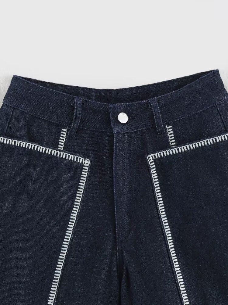 Women Clothing Summer Contrast Color Embroidered Large Pocket High Waist Loose Shorts