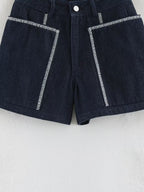 Women Clothing Summer Contrast Color Embroidered Large Pocket High Waist Loose Shorts
