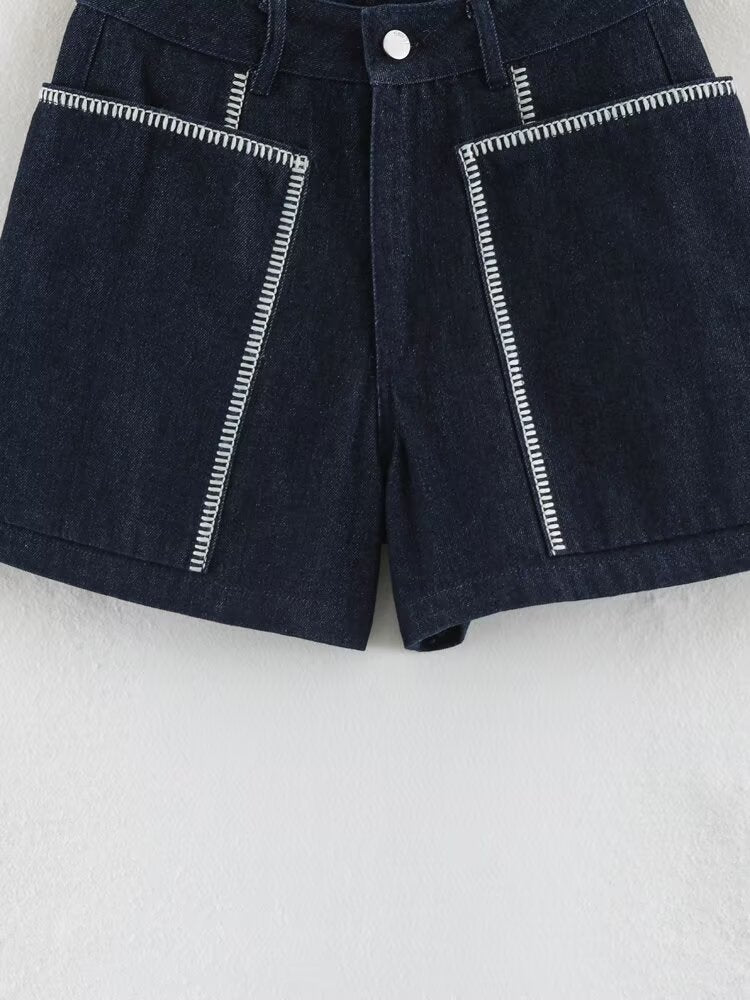 Women Clothing Summer Contrast Color Embroidered Large Pocket High Waist Loose Shorts