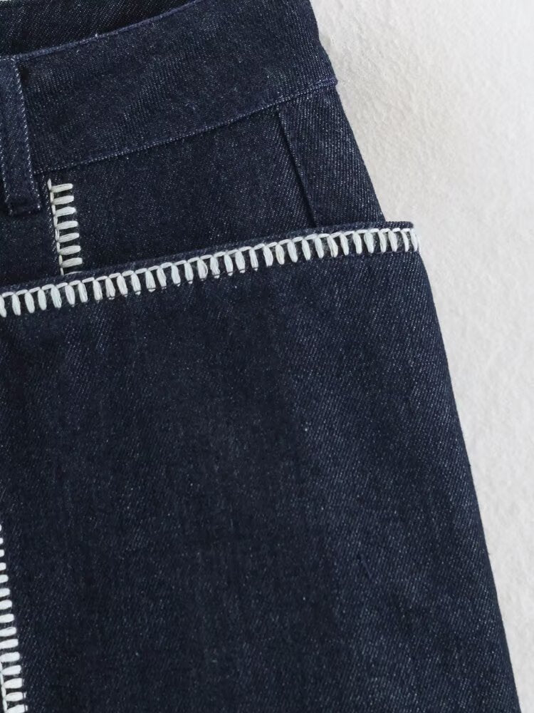 Women Clothing Summer Contrast Color Embroidered Large Pocket High Waist Loose Shorts