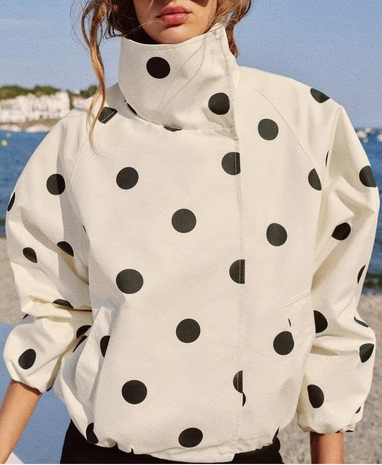 Women Long Sleeve Stand Collar Polka Dot All Match Bomber