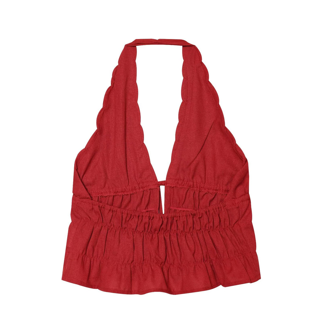 Women's Linen-Texture Beaded Halter Top & Midi Skirt Set