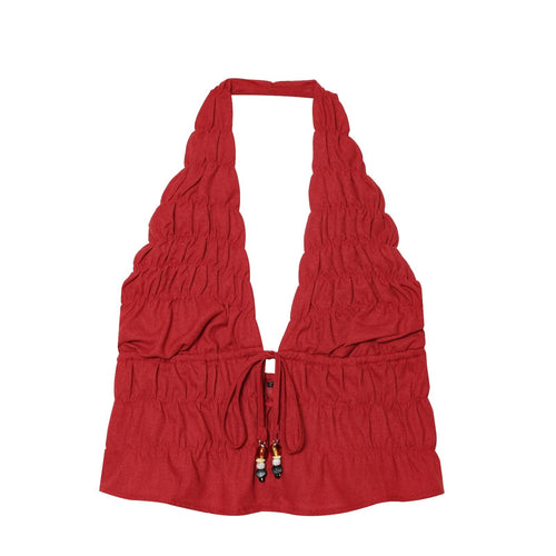 Women Linen Backless Beaded Top Halterneck Vest Skirt Sets