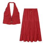 Women's Linen-Texture Beaded Halter Top & Midi Skirt Set