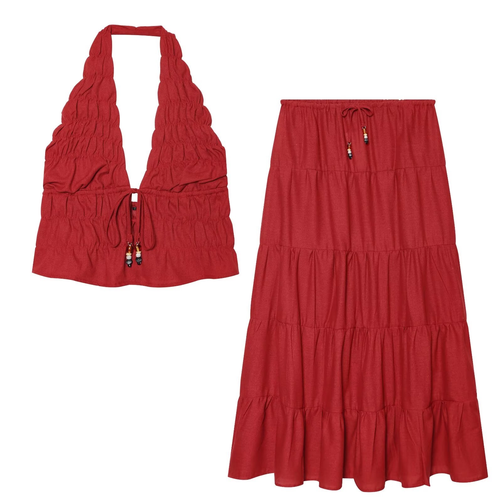 Women's Linen-Texture Beaded Halter Top & Midi Skirt Set