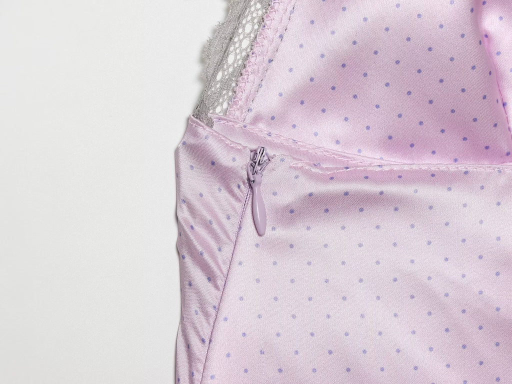 Women Retro Polka Dot Lace Silk Satin Textured Top
