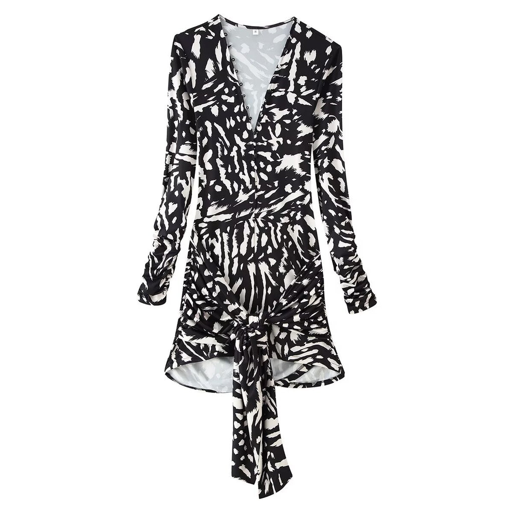 Women's Zebra Print Tassel Long Sleeve Mini Dress