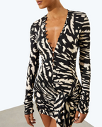 Women's Zebra Print Tassel Long Sleeve Mini Dress