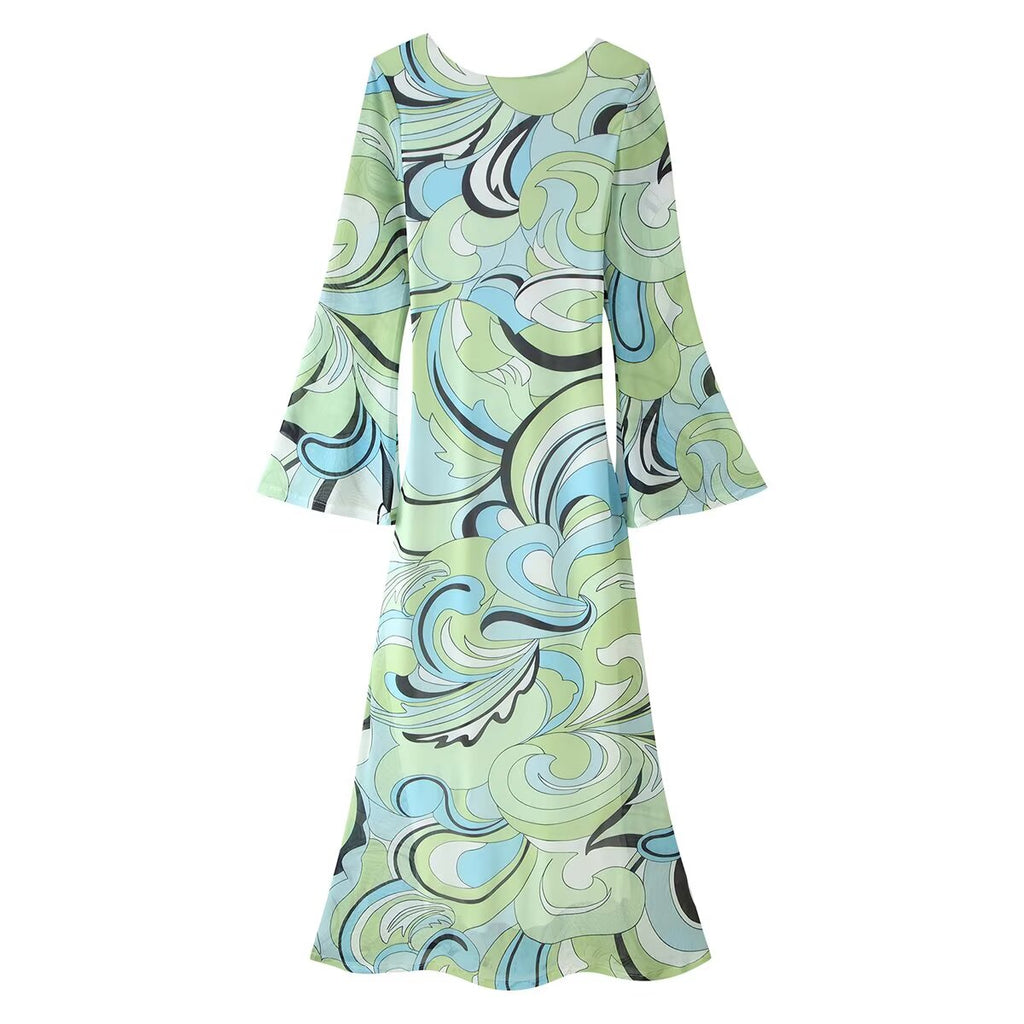 Women's Printed Backless Flare Sleeve Maxi Dress