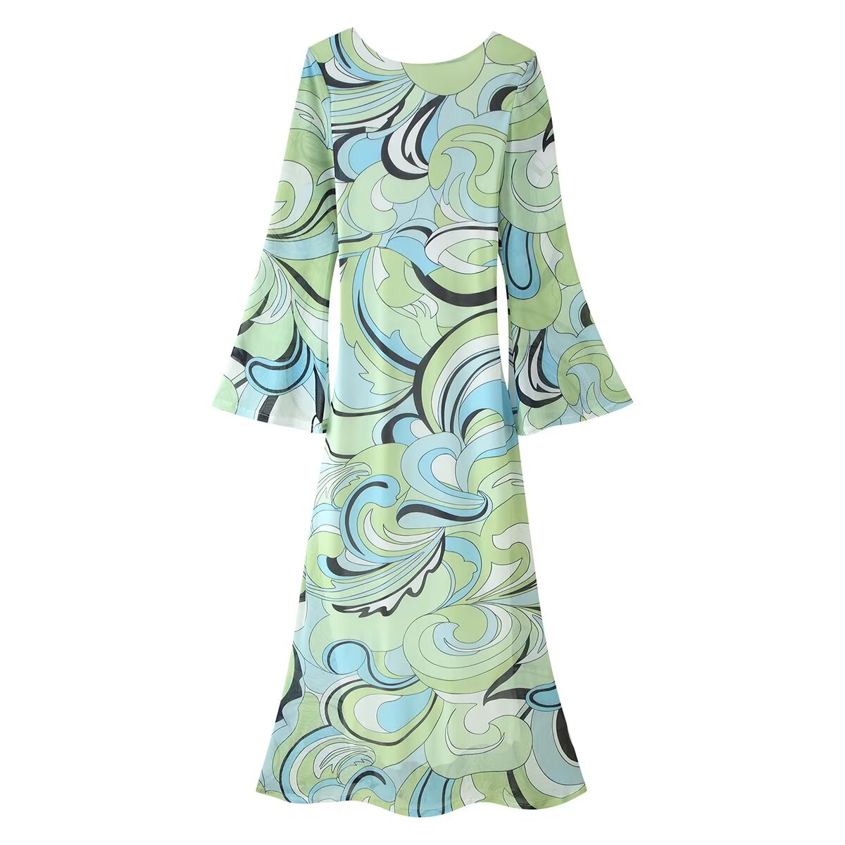 Women's Printed Backless Flare Sleeve Maxi Dress
