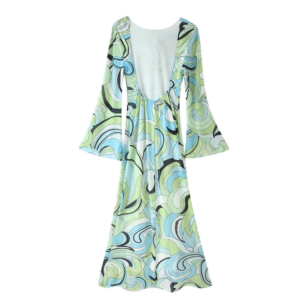Women's Printed Backless Flare Sleeve Maxi Dress