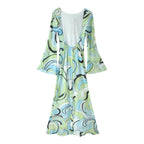 Women's Printed Backless Flare Sleeve Maxi Dress