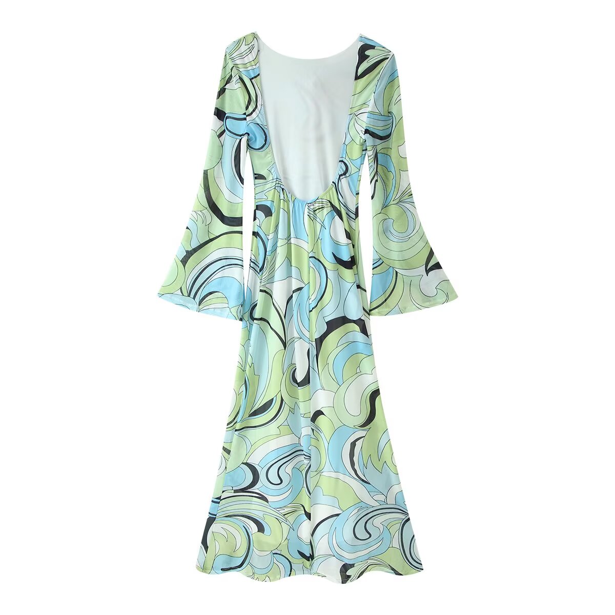 Women's Printed Backless Flare Sleeve Maxi Dress