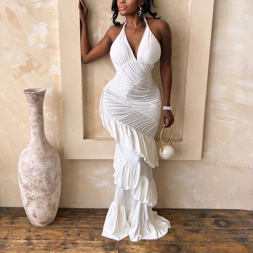 Women's Halter Ruched Bodycon Maxi Dress