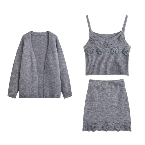 Women Clothing Autumn Winter Lazy Handmade Floral Knitted Coat Sling Skirt Set