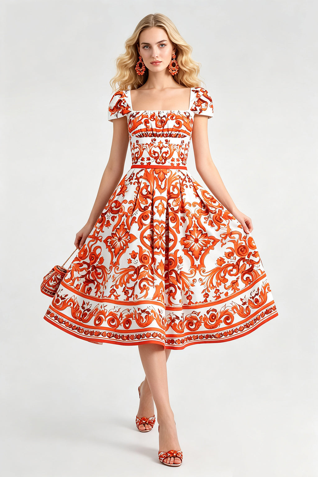 Women's Printed Short Sleeve A-Line Midi Dress
