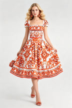 Women's Printed Short Sleeve A-Line Midi Dress