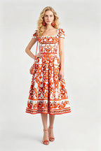 Women's Printed Short Sleeve A-Line Midi Dress
