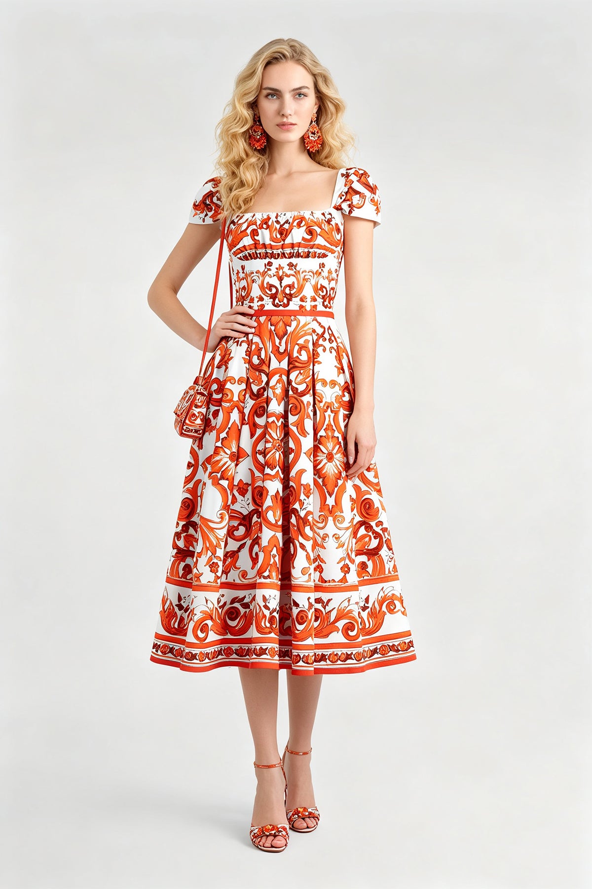 Women's Printed Short Sleeve A-Line Midi Dress