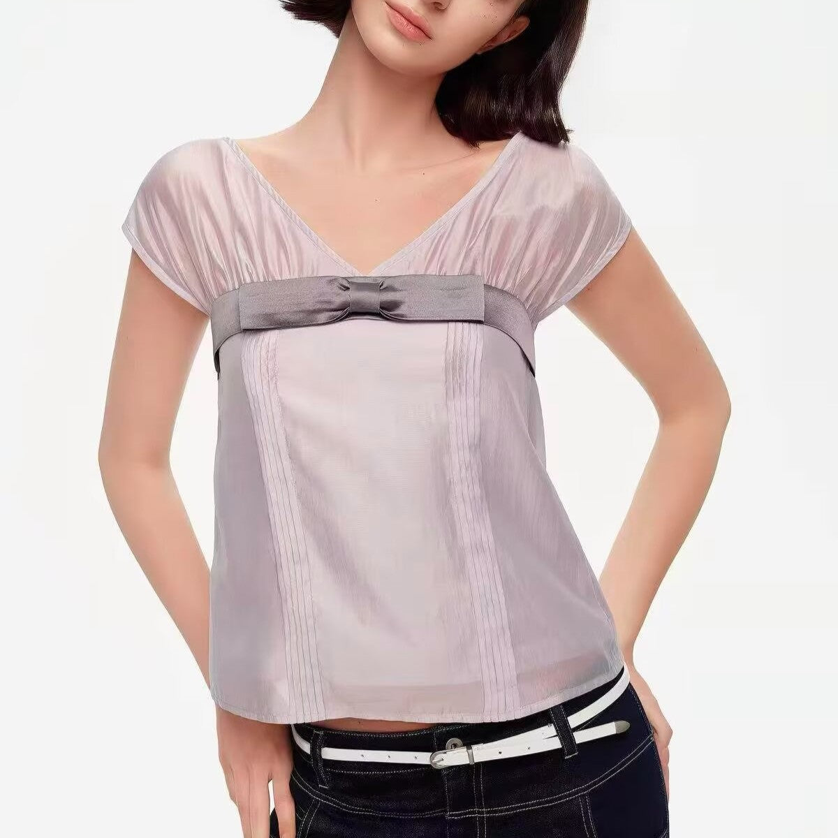 Elegant Pleated V-Neck Short Top