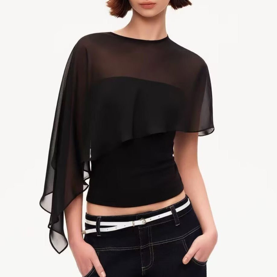 Women All Match Solid Color Mesh Cape Shawl Irregular Asymmetric Stretch Vest