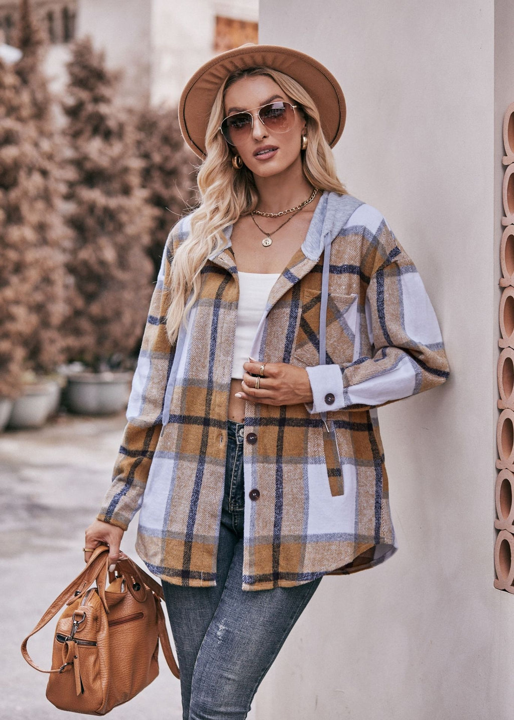 Women's Hooded Plaid Mid-Length Jacket