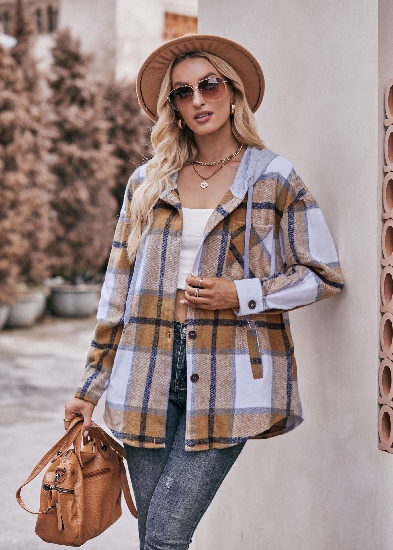 Women's Hooded Plaid Mid-Length Jacket