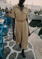 Women's Belted Collared Shirt Dress with Pockets