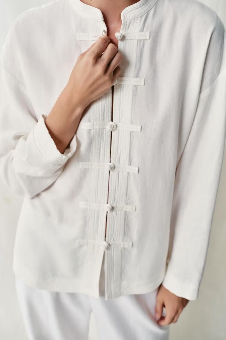 Women Clothing Summer Casual Cordage of Flax Braid Buckle Loose Shirt