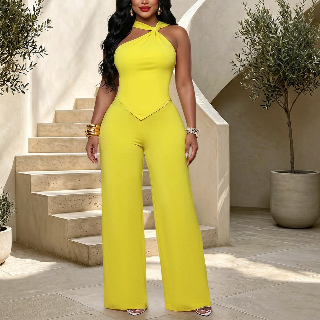 Women Elegant Twisted Waist Controlled Top Wide Leg Trousers Multi Color Office Two Piece Set