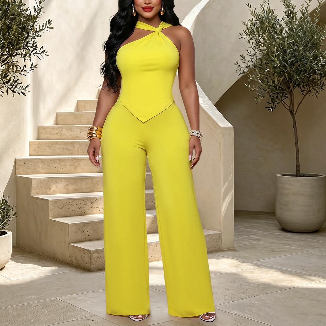 Women Elegant Twisted Waist Controlled Top Wide Leg Trousers Multi Color Office Two Piece Set