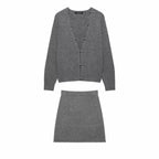 Women's V-Neck Long Sleeve Knit Top & Mini Skirt Set