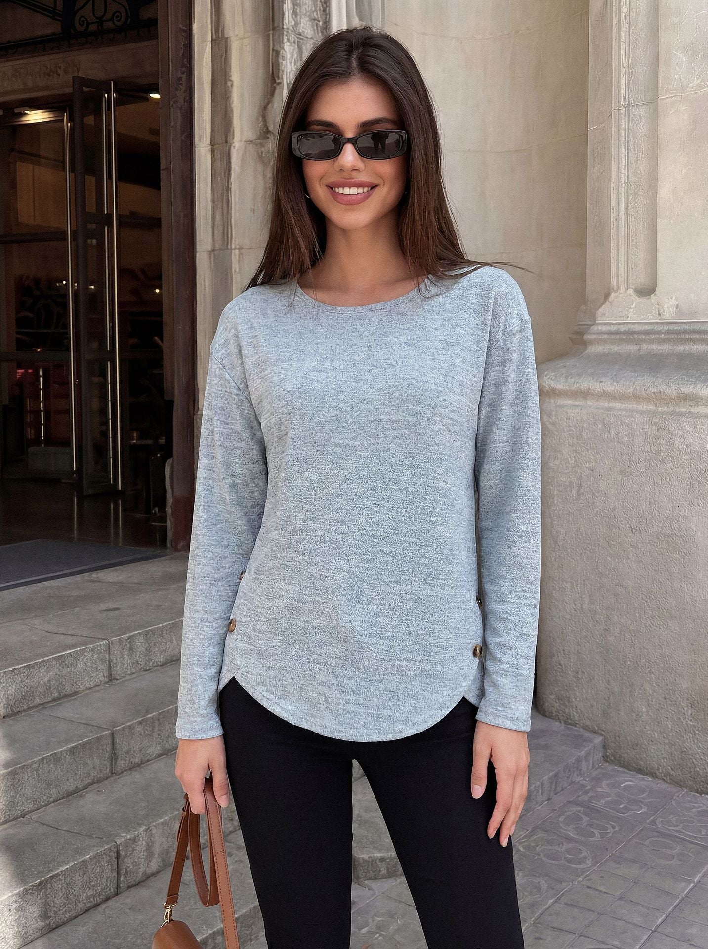 Solid Color Long Sleeve Button T-Shirt for Women