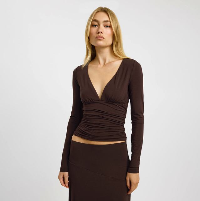 Autumn Solid Color Deep V Plunge Neckline Tight Waist Sexy Slim Pleated Long Sleeve Top