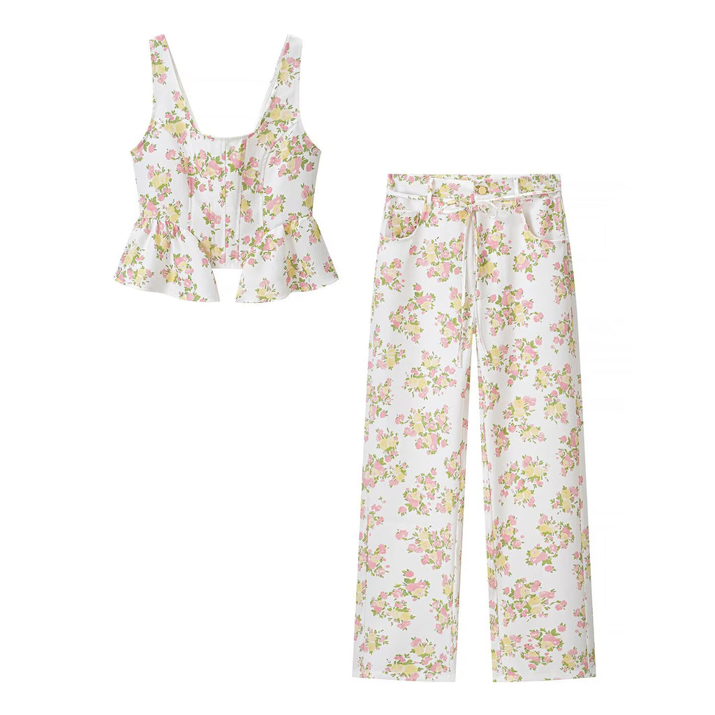 Women's Floral Ruffle Top & Wide-Leg Pants Set