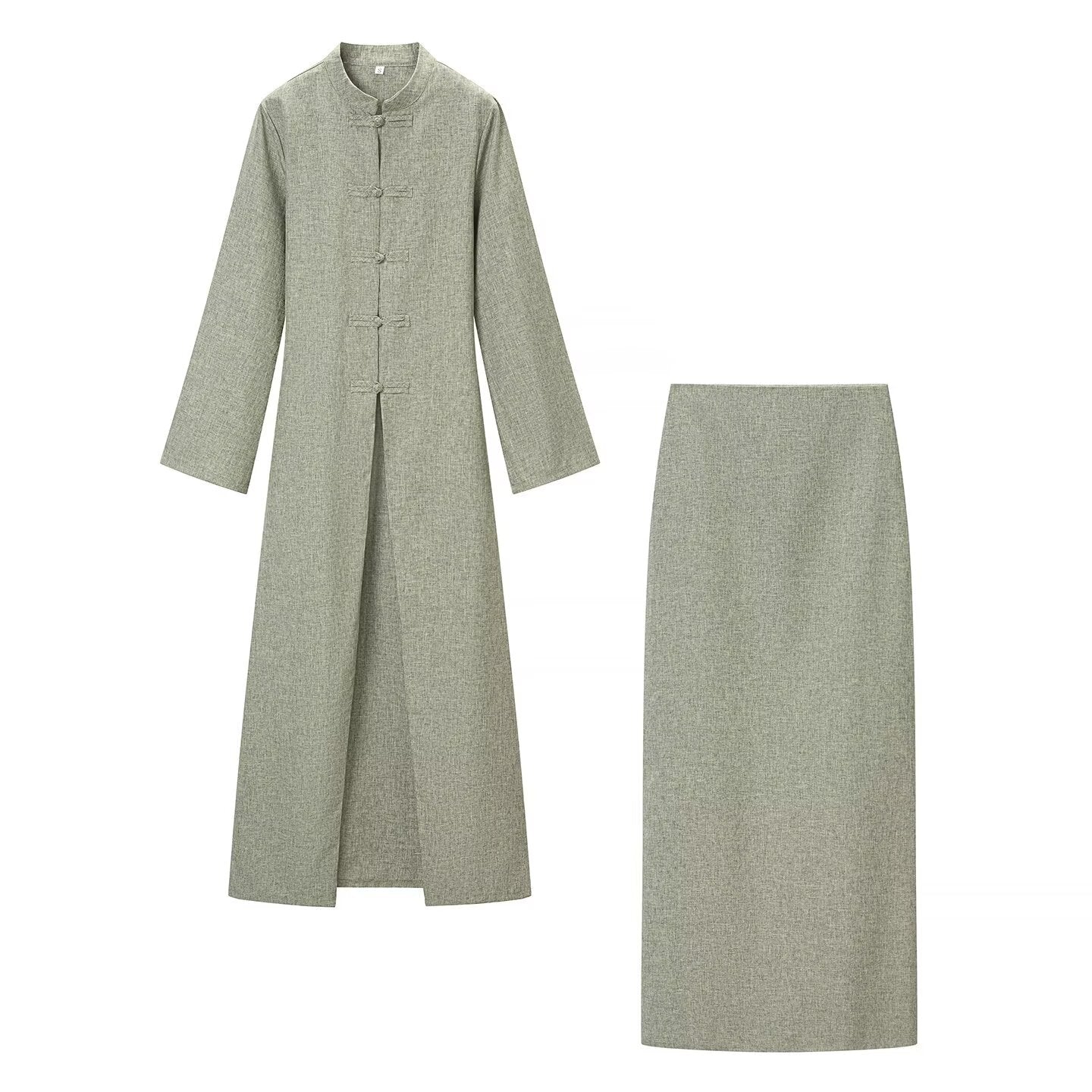 Women's Chinese-Inspired Long Sleeve Top & Maxi Skirt Set
