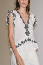 Women Clothing Summer Fashionable Elegant Contrast Color Embroidered Top
