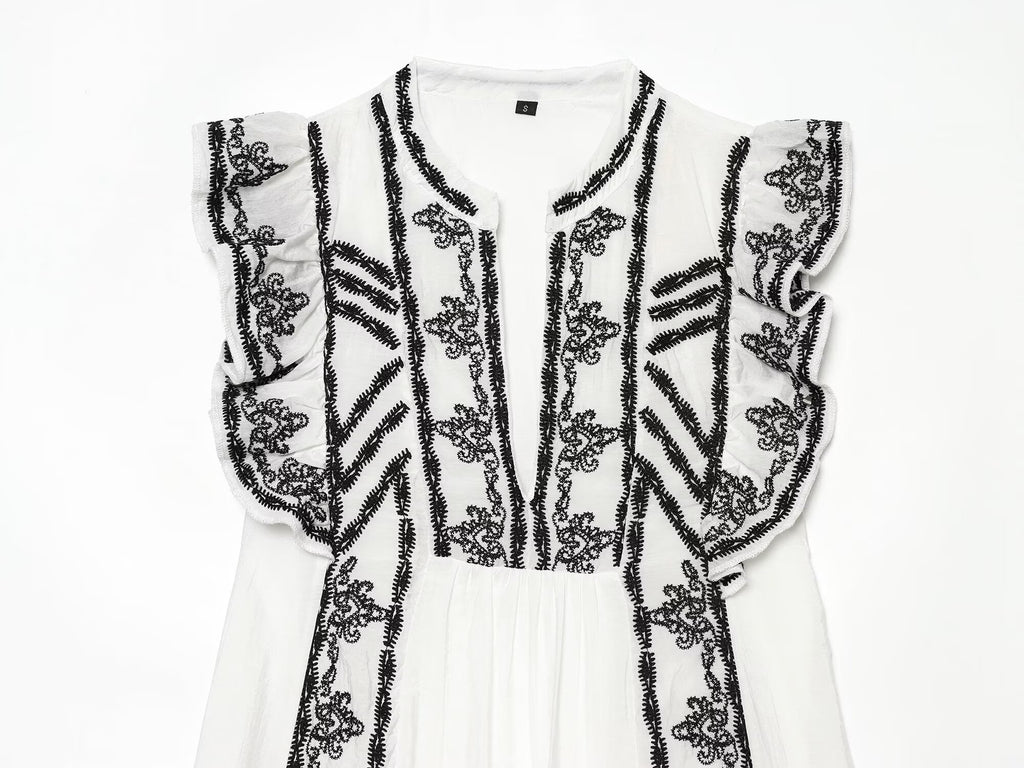 Women's Contrast Embroidered V-Neck Dress