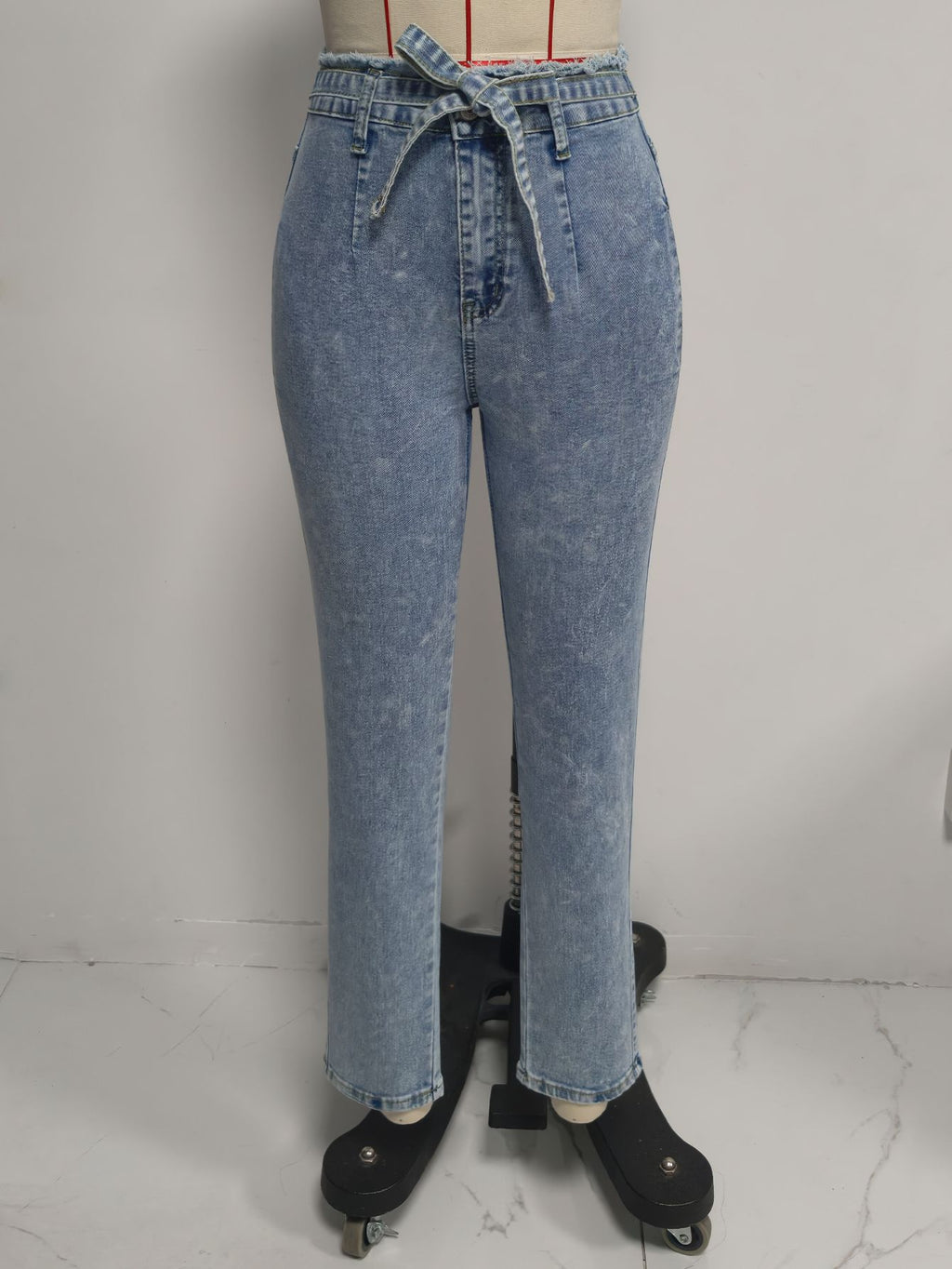 Frayed Waist Lace Up Jeans Women Washed Stretch Slim Fit Bootcut Trousers Retro Denim