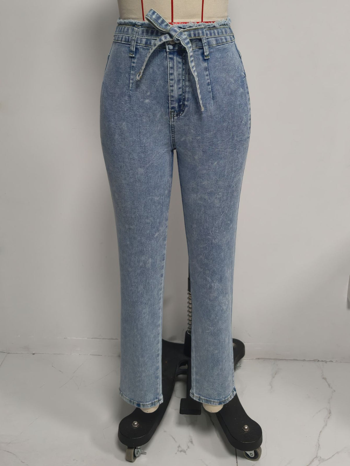 Frayed Waist Lace Up Jeans Women Washed Stretch Slim Fit Bootcut Trousers Retro Denim