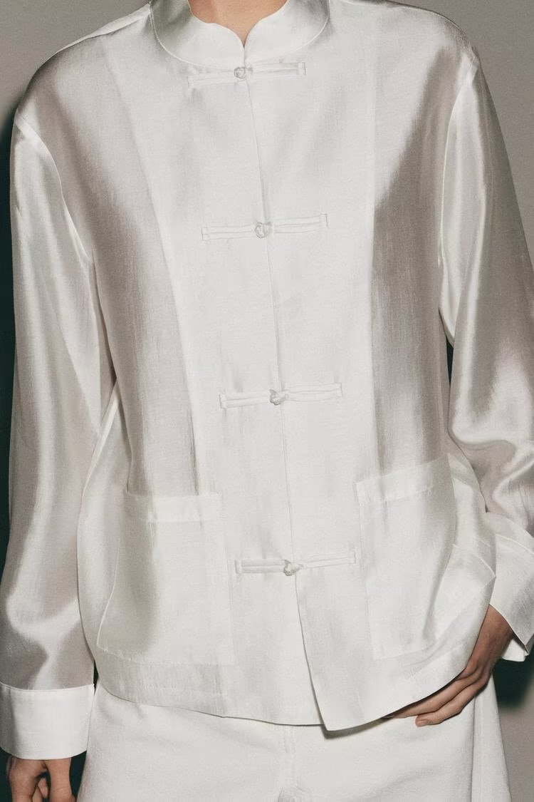 Summer Arrival Long Sleeve Crew Neck Satin Twisted Knot Pocket Shirt