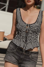 Women's Summer Fashionable Elegant Sexy Small Plaid Pleated Lace Up Sling Top